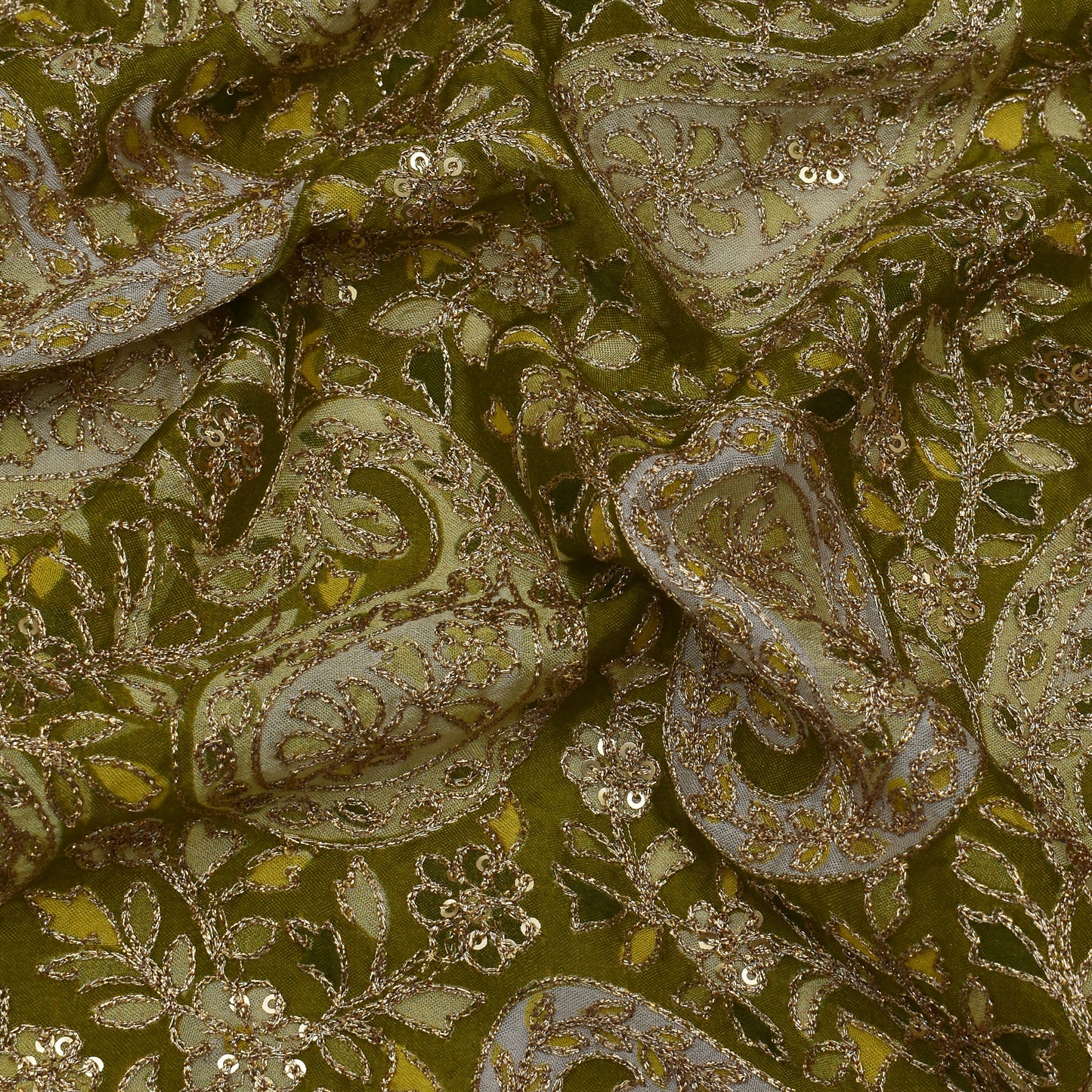 Mehndi Green Color Chinon Position Print Embroidery Fabric