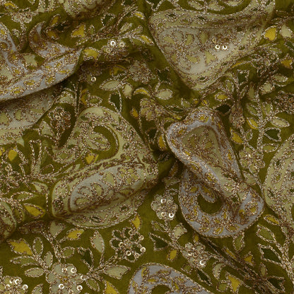 Mehndi Green Color Chinon Position Print Embroidery Fabric