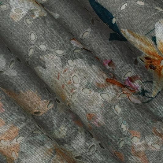 Multi Color Linen Print Cutwork Fabric