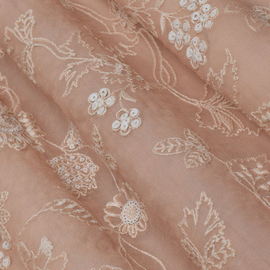 Peach Color Georgette Embroidery Fabric