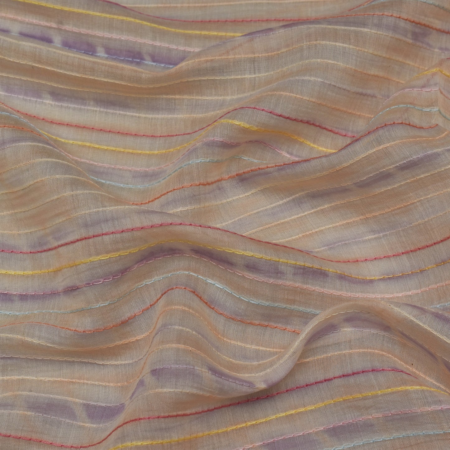 Peach Color Chanderi Kantha Work Tie And Dye Fabric