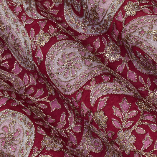 Magenta Color Chinon Position Print Embroidery Fabric