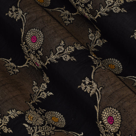 Black Color Katan Meena Brocade Fabric