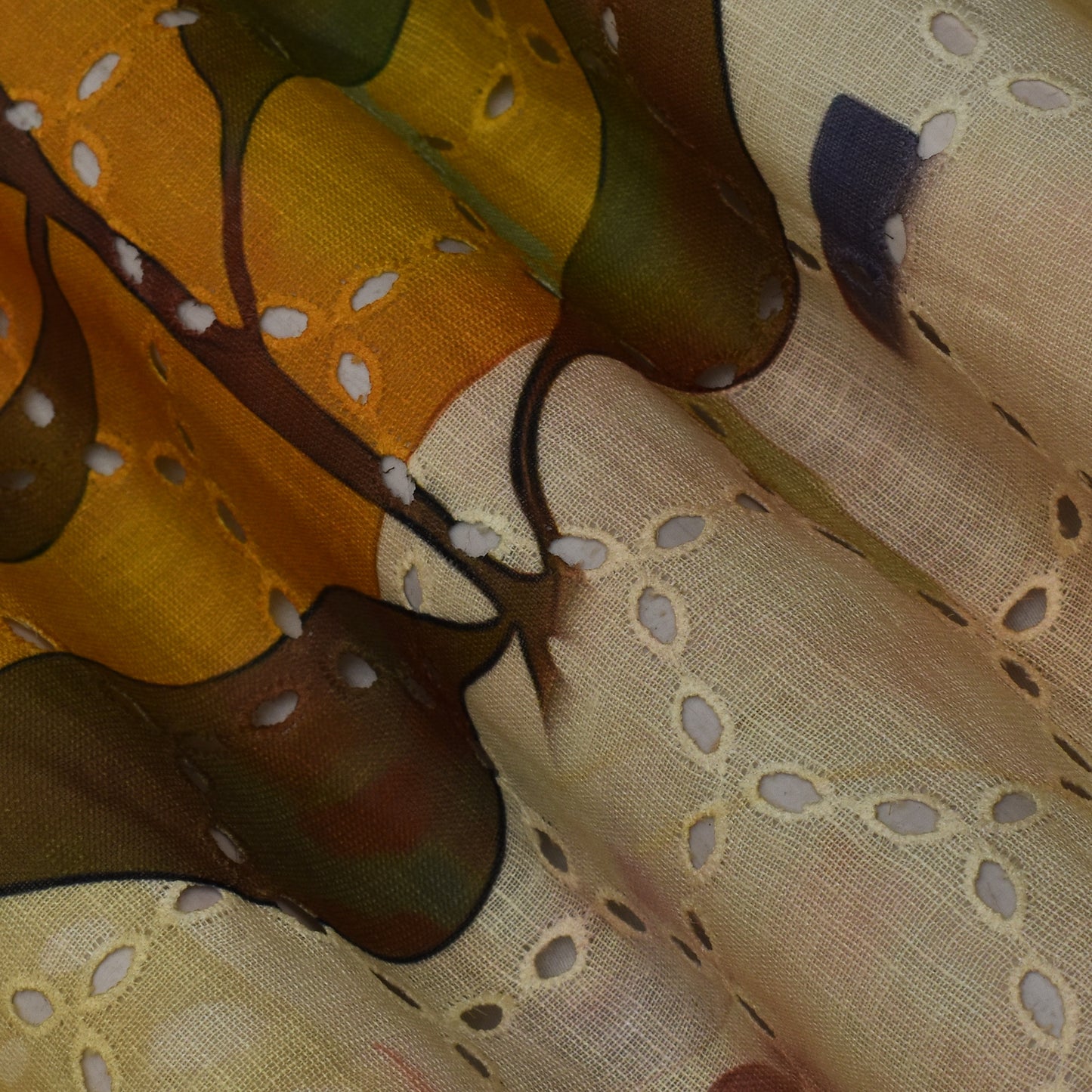 Multi Color Linen Print Cutwork Fabric