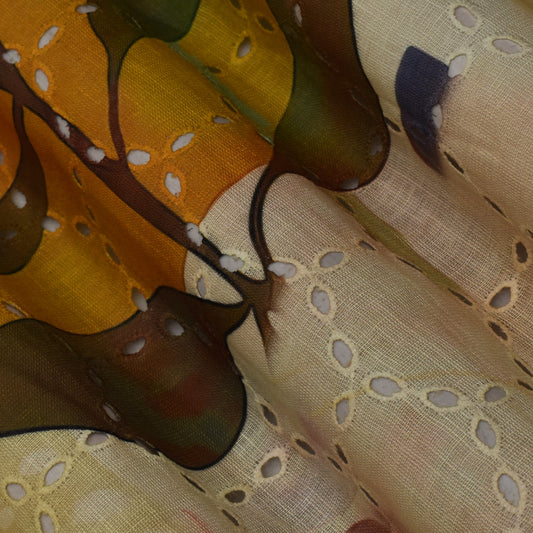 Multi Color Linen Print Cutwork Fabric
