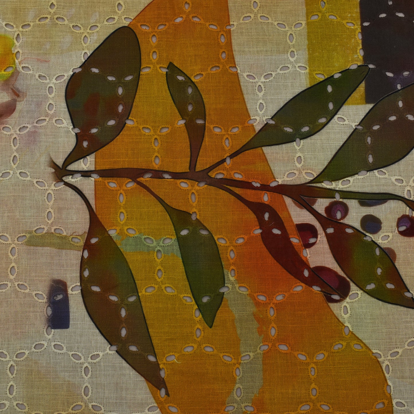 Multi Color Linen Print Cutwork Fabric