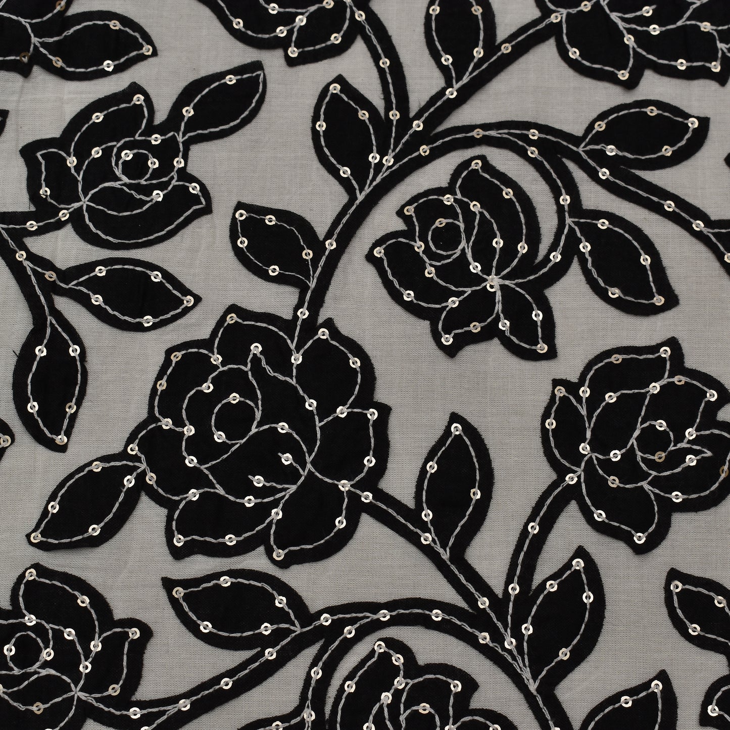 Black Color Cotton Sequence  Embroidery Fabric