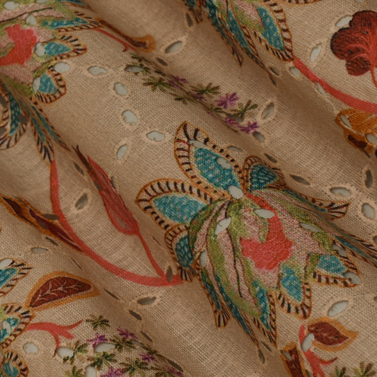 Multi Color Linen Print Cutwork Fabric