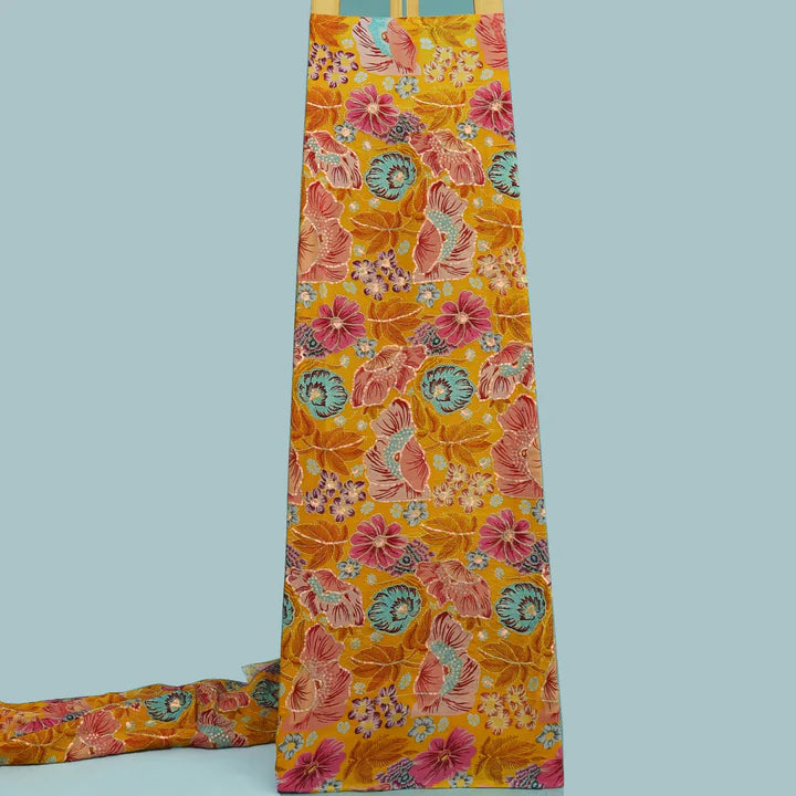 Yellow Color Crepe Position Print Embroidery Fabric (Cut Pieces 1Mtr)