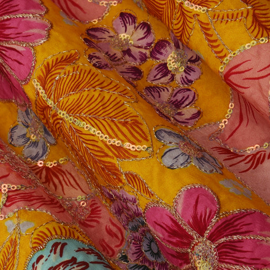 Yellow Color Crepe Position Print Embroidery Fabric