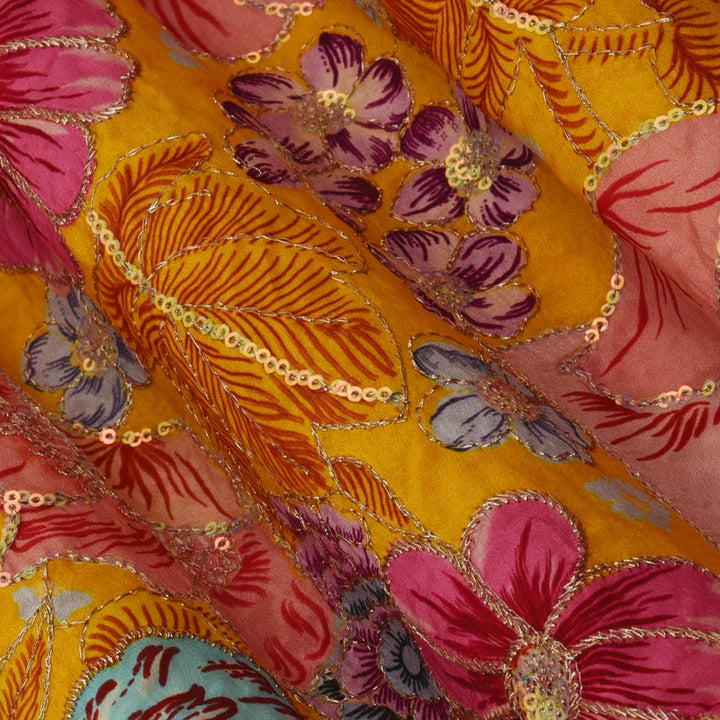 Yellow Color Crepe Position Print Embroidery Fabric (Cut Pieces 1Mtr)