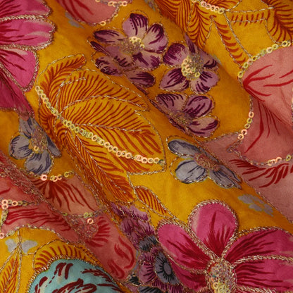Yellow Color Crepe Position Print Embroidery Fabric (Cut Pieces 1Mtr)