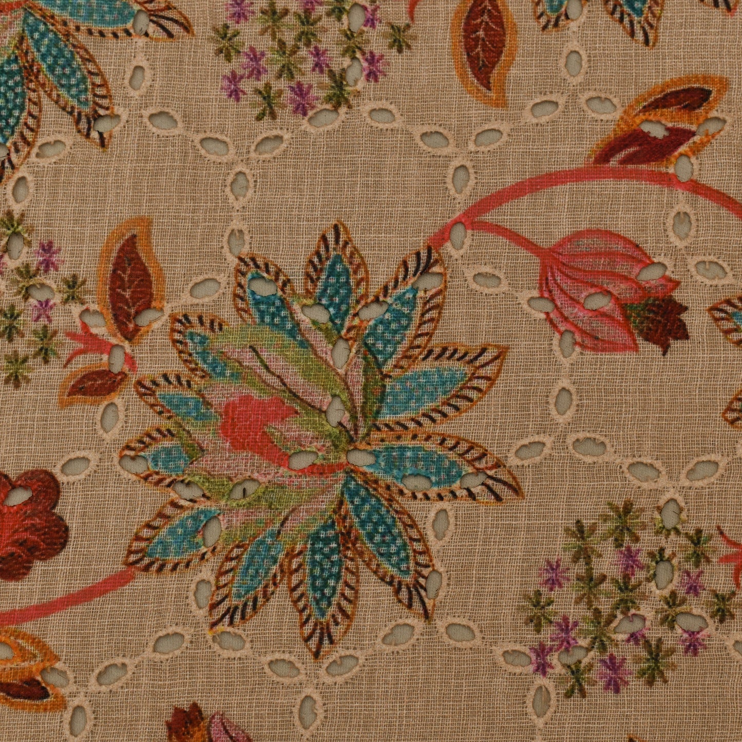 Multi Color Linen Print Cutwork Fabric