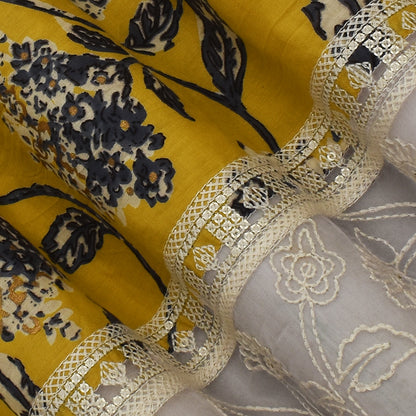 Yellow Color Mulmul Plazo Print Embroidery Fabric