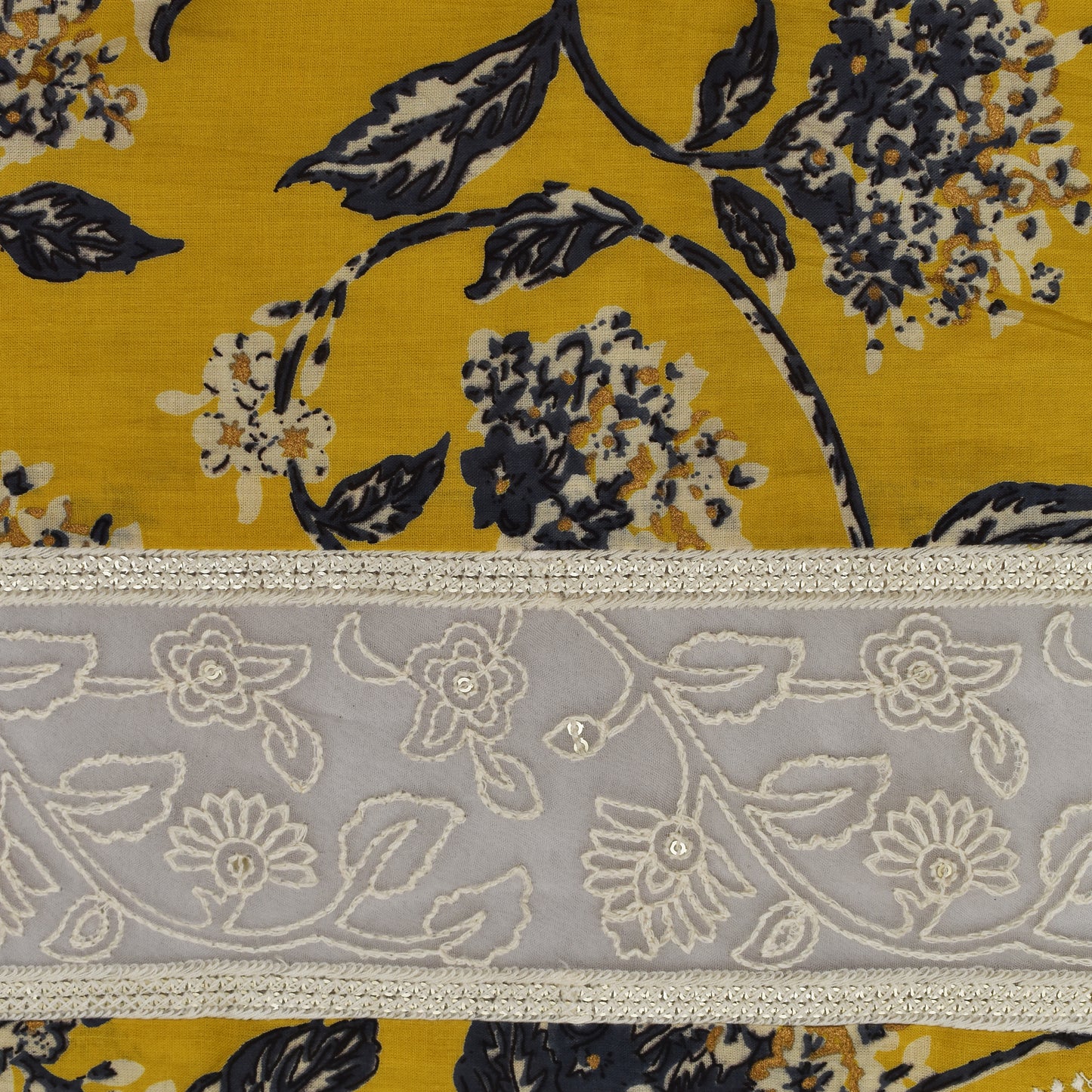 Yellow Color Mulmul Plazo Print Embroidery Fabric