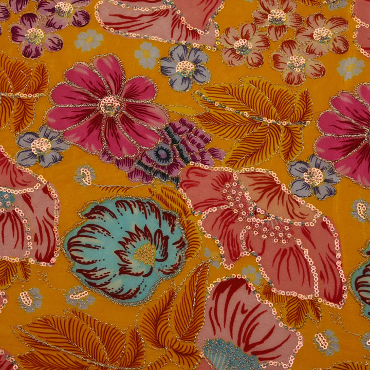 Yellow Color Crepe Position Print Embroidery Fabric (Cut Pieces 1Mtr)