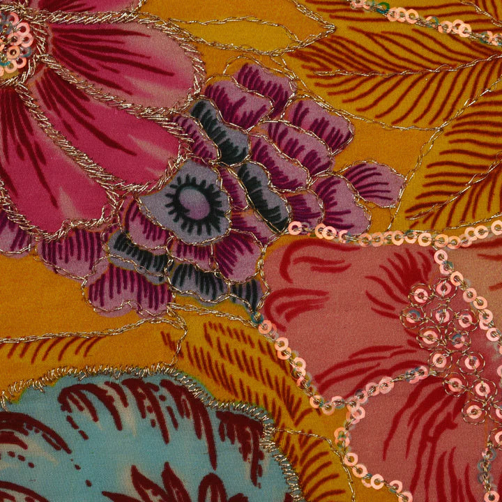 Yellow Color Crepe Position Print Embroidery Fabric (Cut Pieces 1Mtr)