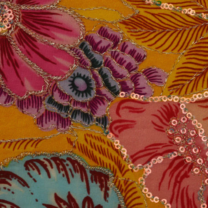 Yellow Color Crepe Position Print Embroidery Fabric (Cut Pieces 1Mtr)