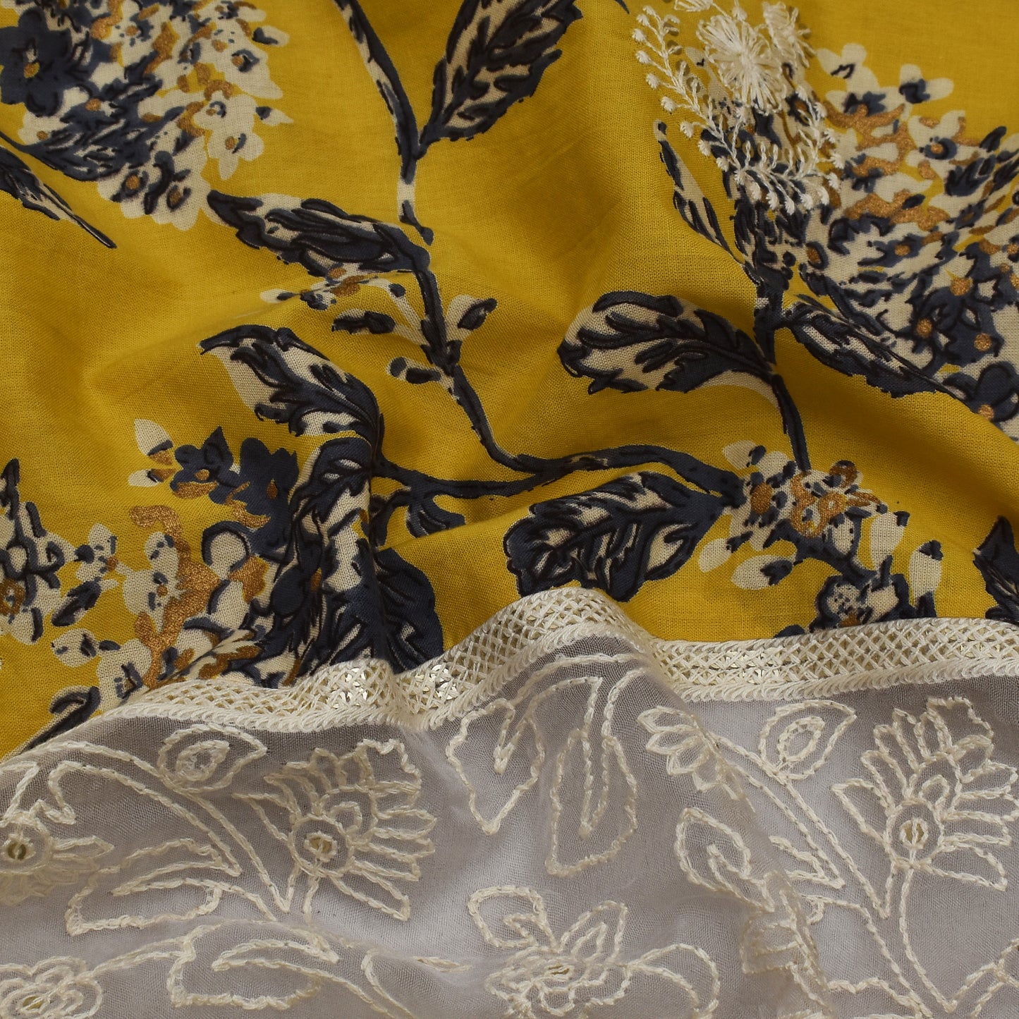 Yellow Color Mulmul Plazo Print Embroidery Fabric