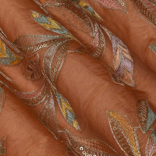 Orange Color Tissue Embroidery Fabric
