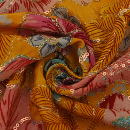 Yellow Color Crepe Position Print Embroidery Fabric (Cut Pieces 1Mtr)