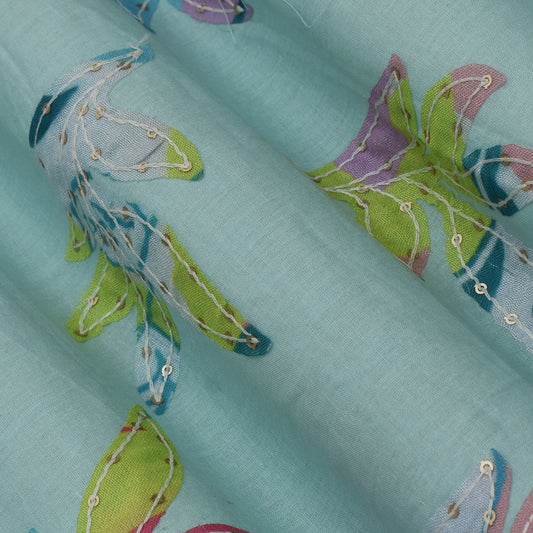 Sky Blue Color Cotton Print Embroidery Fabric