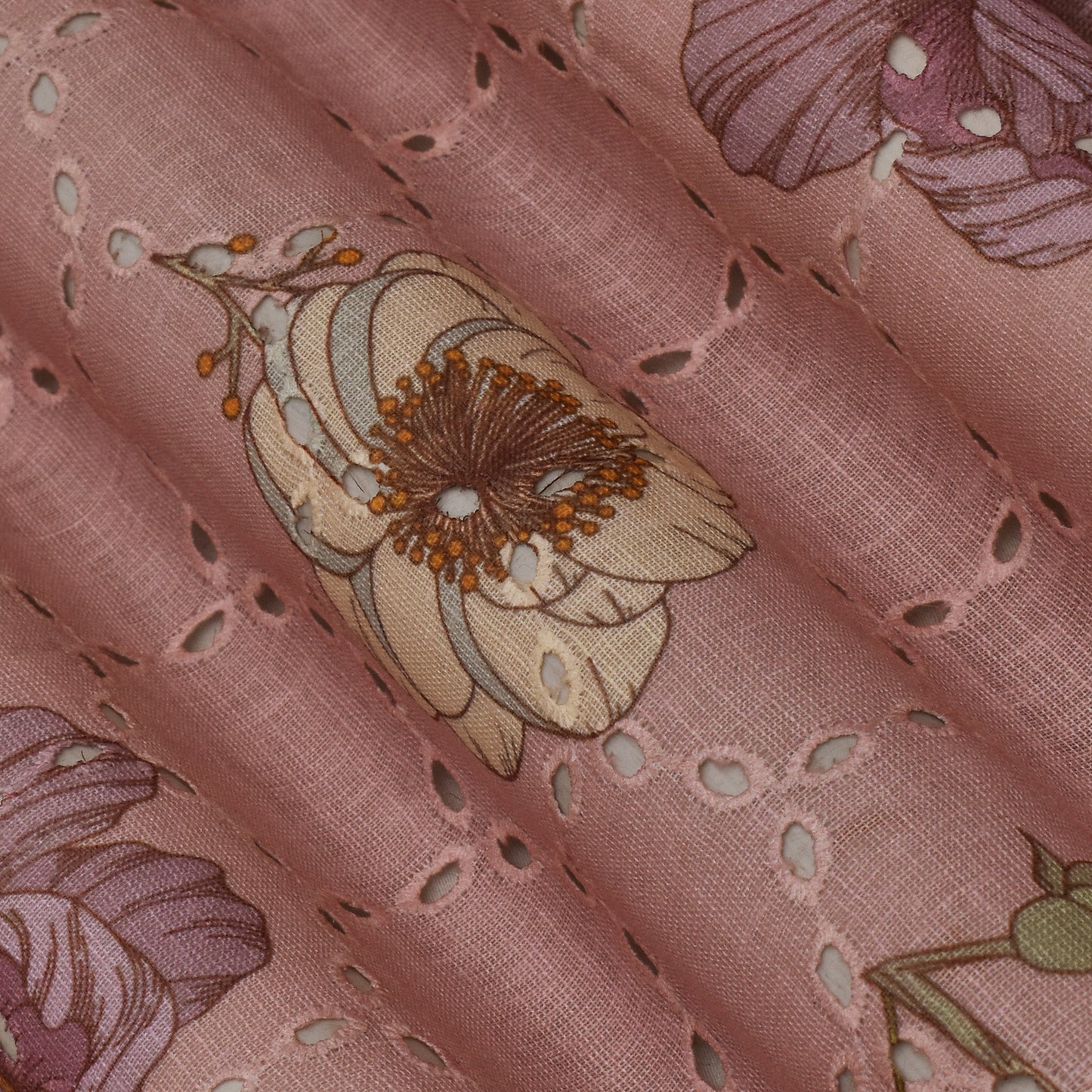 Multi Color Linen Print Cutwork Fabric