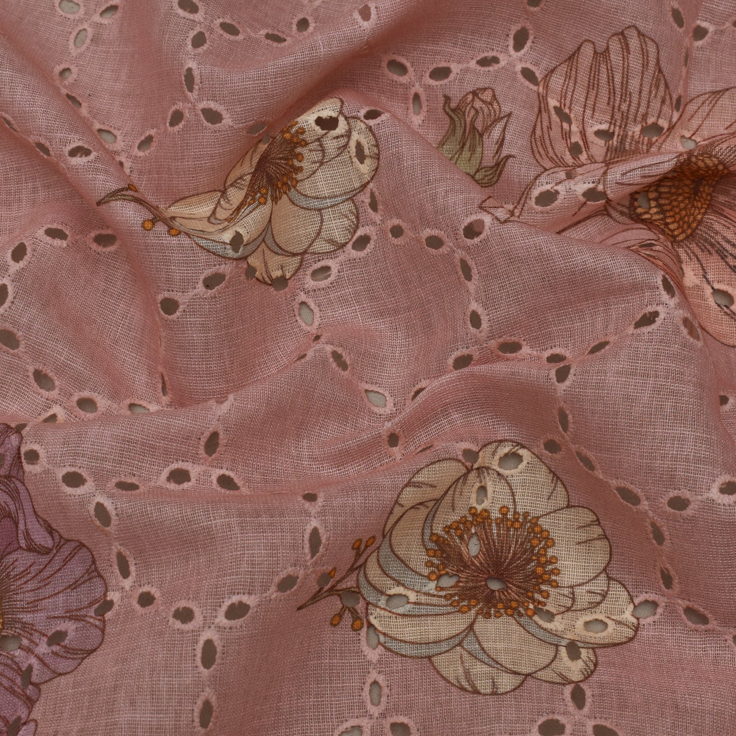 Multi Color Linen Print Cutwork Fabric