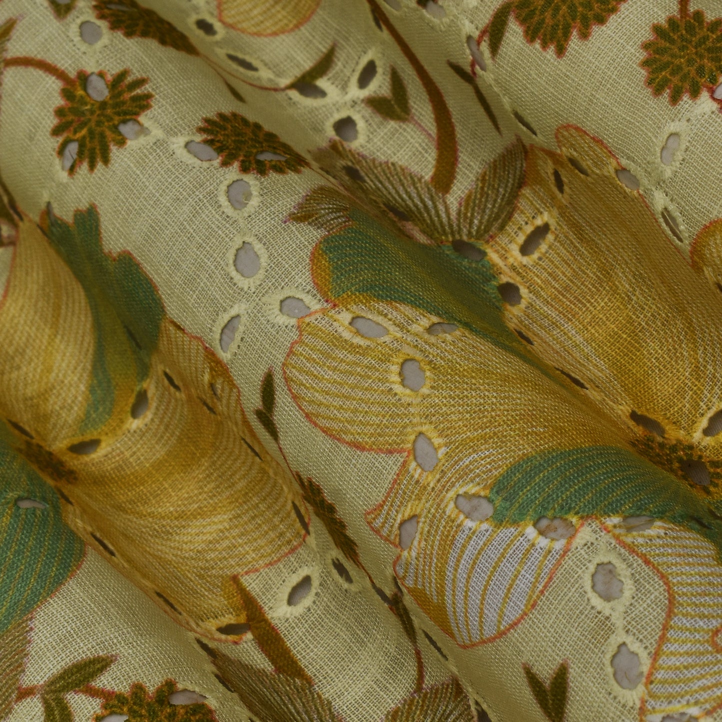 Multi Color Linen Print Cutwork Fabric