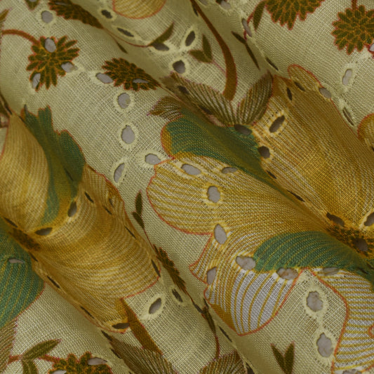 Multi Color Linen Print Cutwork Fabric