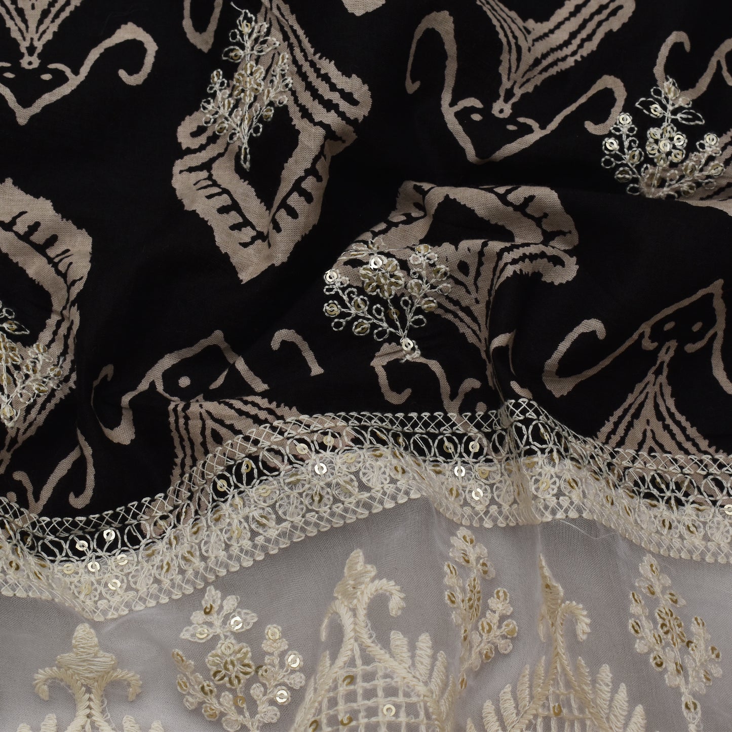 Black Color Cotton Plazo Print Embroidery Fabric