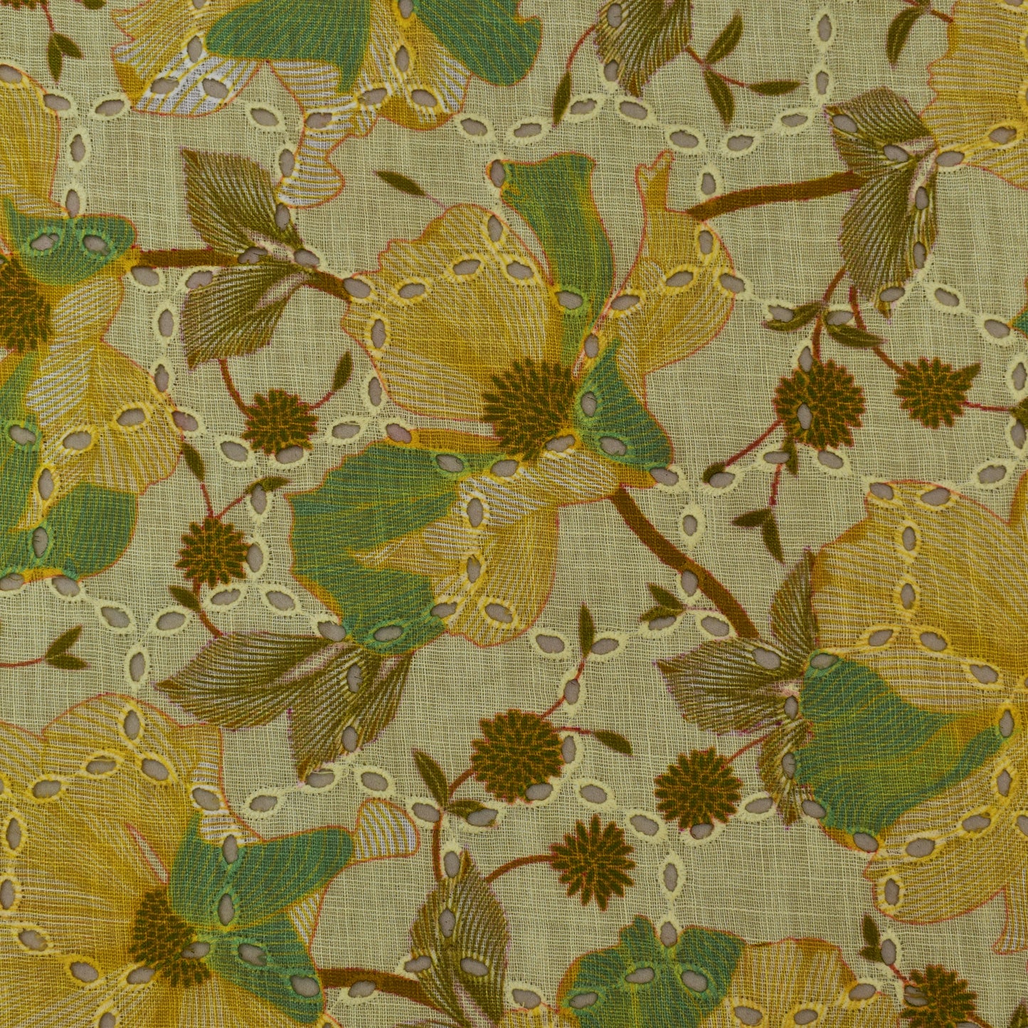 Multi Color Linen Print Cutwork Fabric