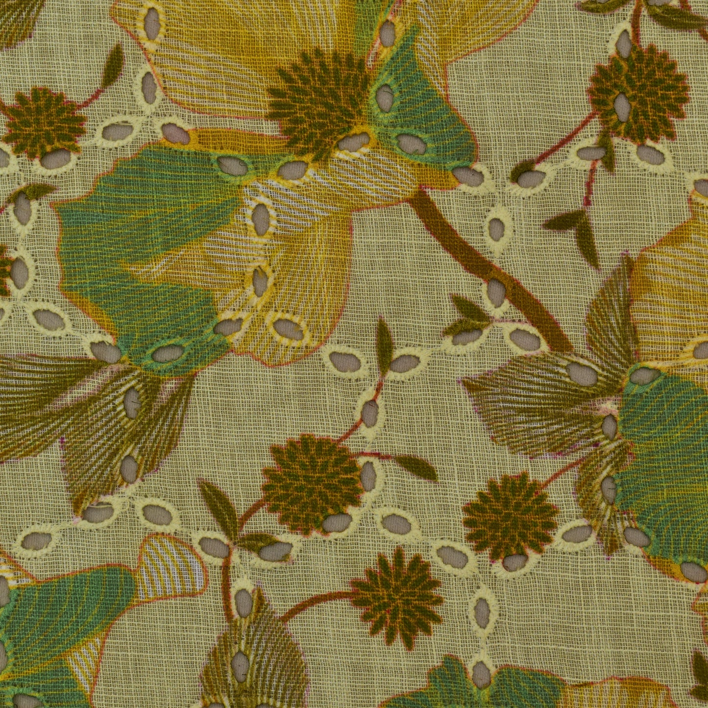 Multi Color Linen Print Cutwork Fabric