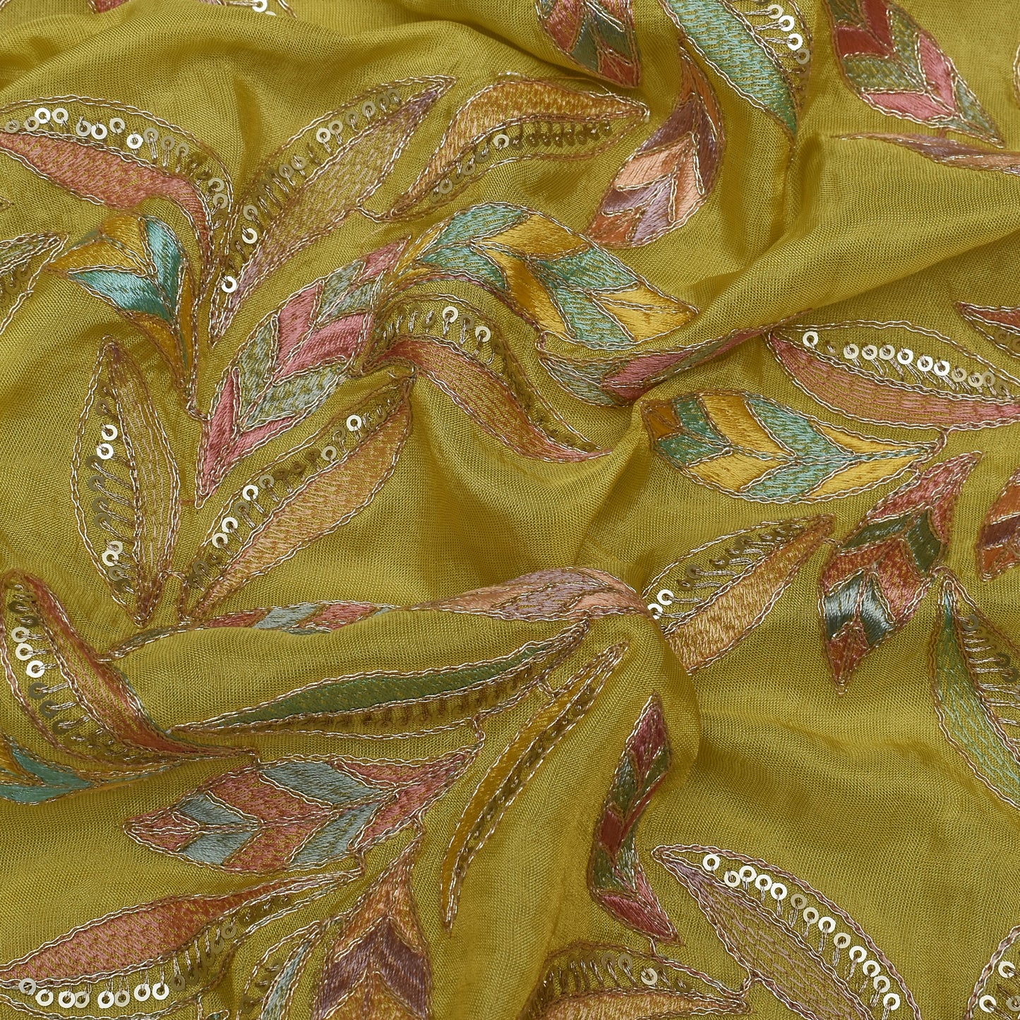 Yellow Color Tissue Embroidery Fabric