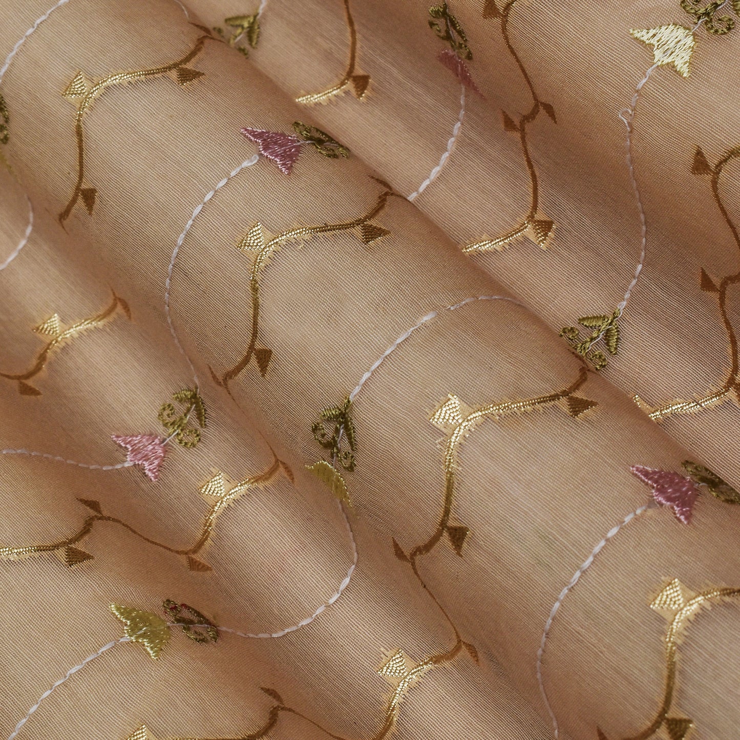 Light Peach Color Chanderi Embroidery Fabric