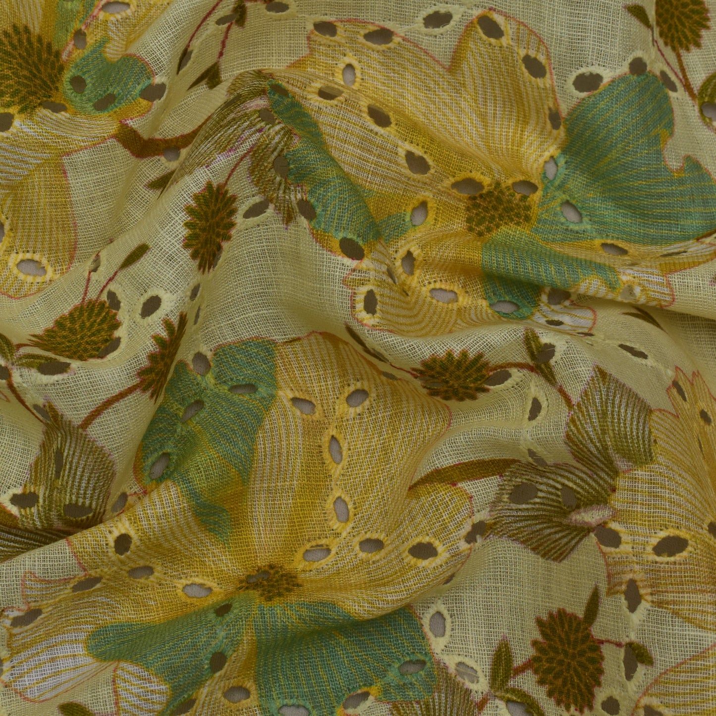 Multi Color Linen Print Cutwork Fabric