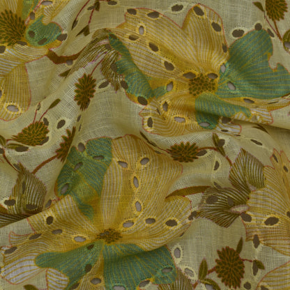 Multi Color Linen Print Cutwork Fabric