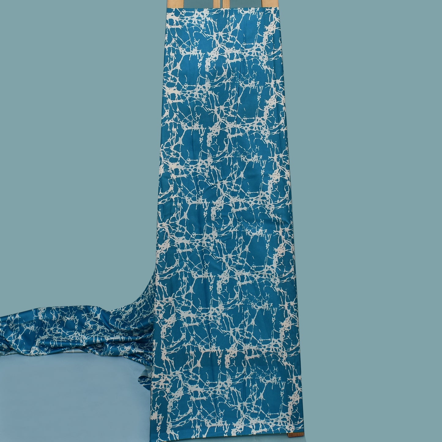 Teal Blue Color Slub Tussar Print Fabric