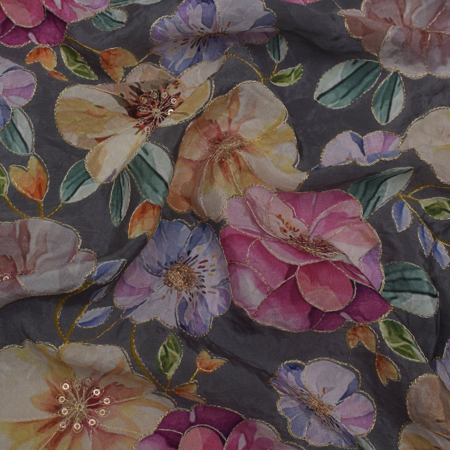 Multicolor Crepe Position Print Embroidery Fabric