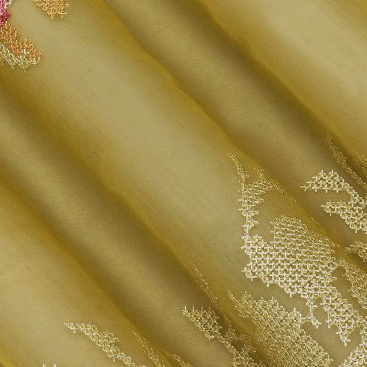Yellow Color Organza  Embroidery Fabric