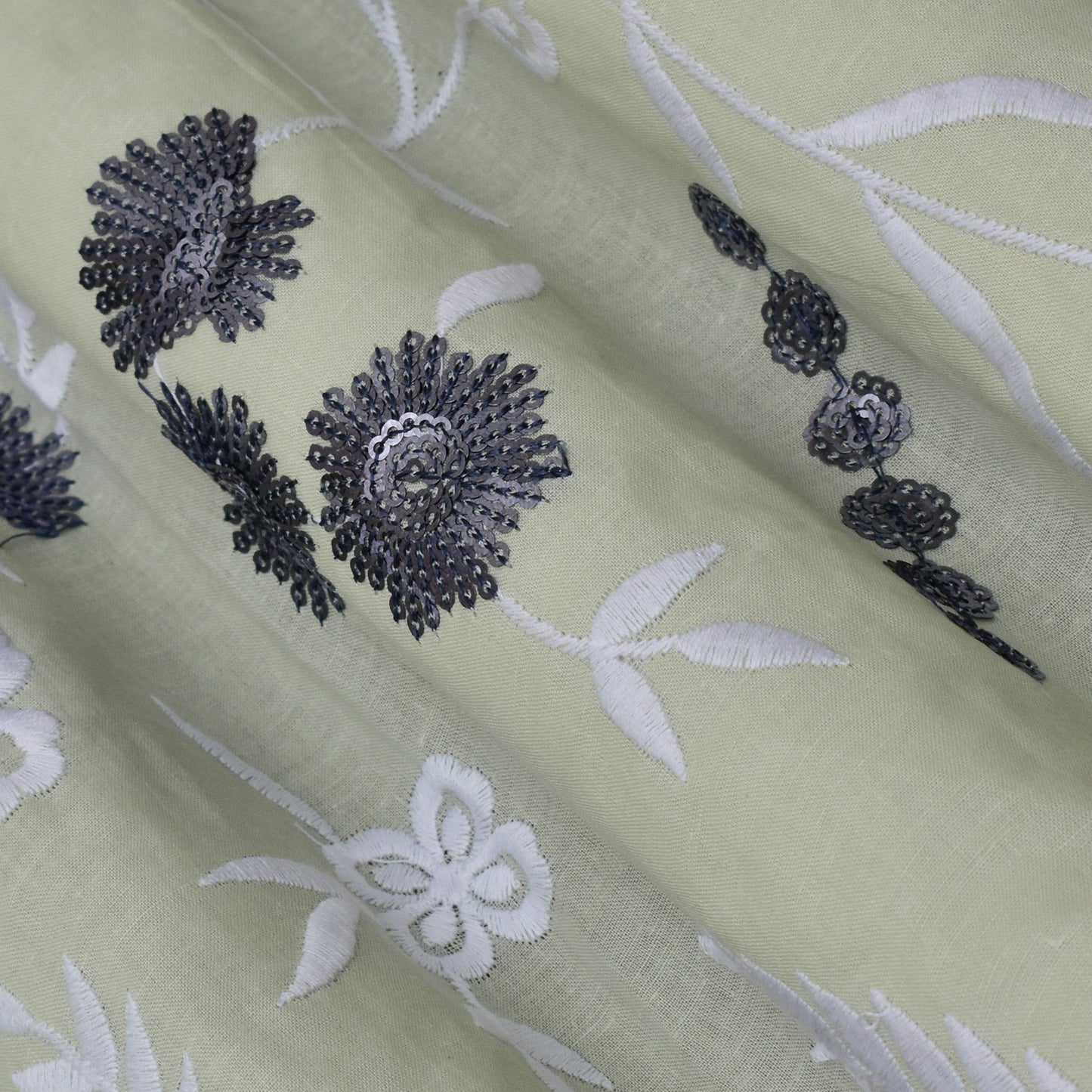 Pista Green Color Cotton Embroidery Fabric