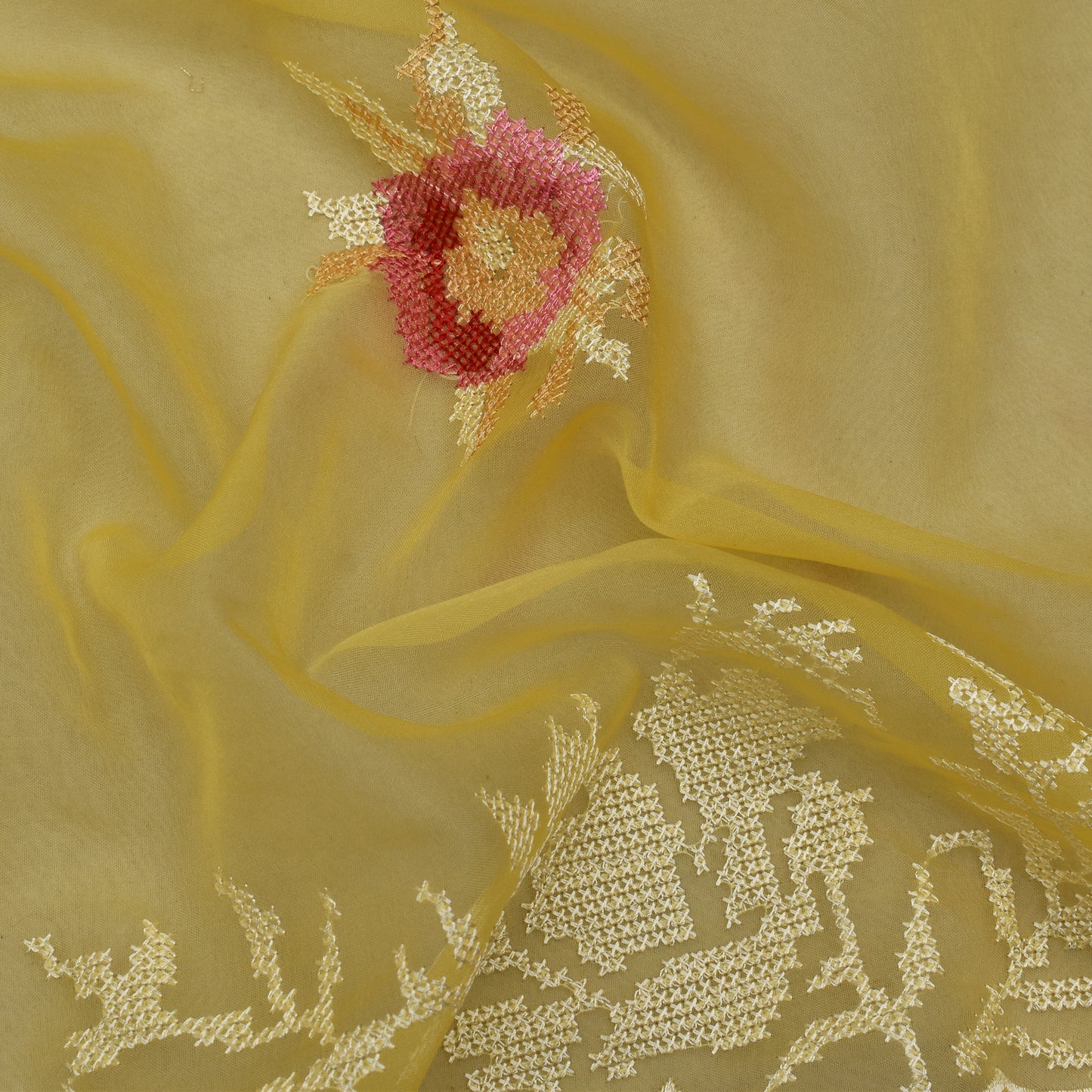 Yellow Color Organza  Embroidery Fabric