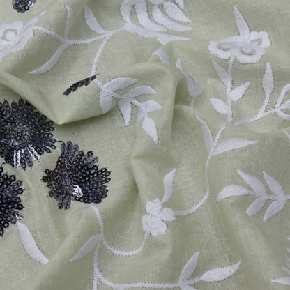 Pista Green Color Cotton Embroidery Fabric