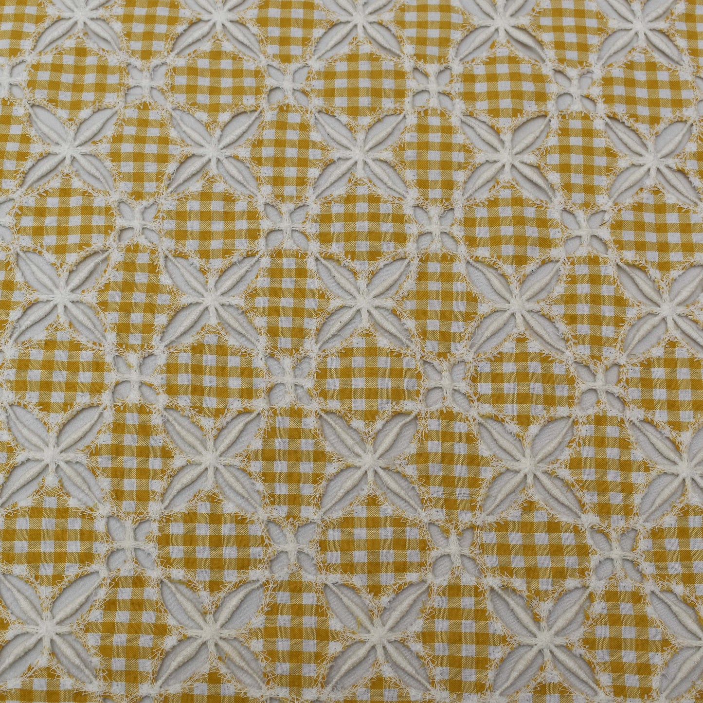 Yellow Color Cotton Check Embroidery Fabric