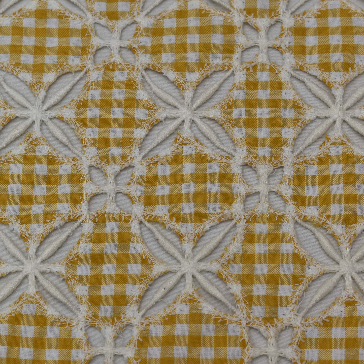 Yellow Color Cotton Check Embroidery Fabric