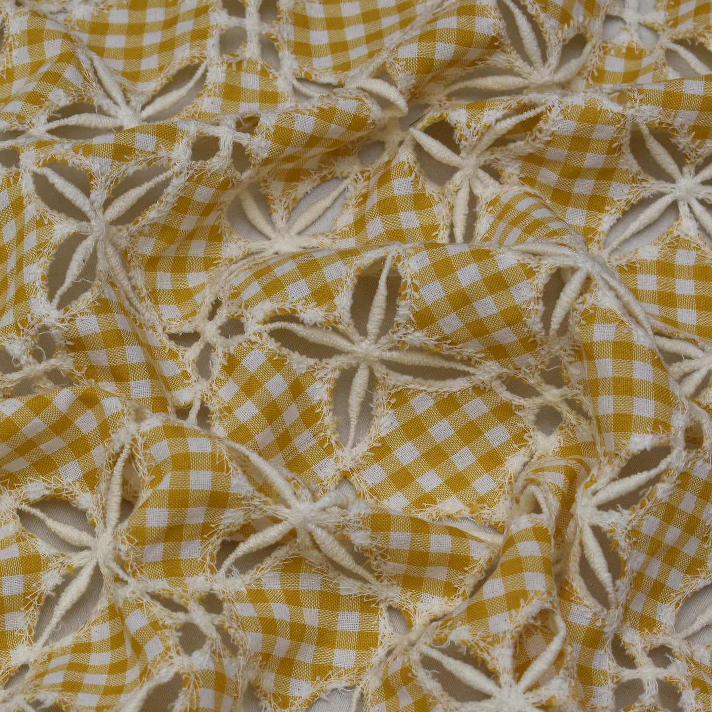 Yellow Color Cotton Check Embroidery Fabric