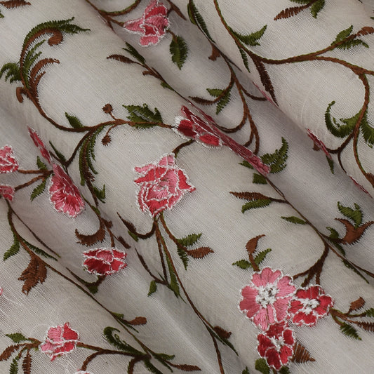 Off White Color Chanderi Embroidery Fabric