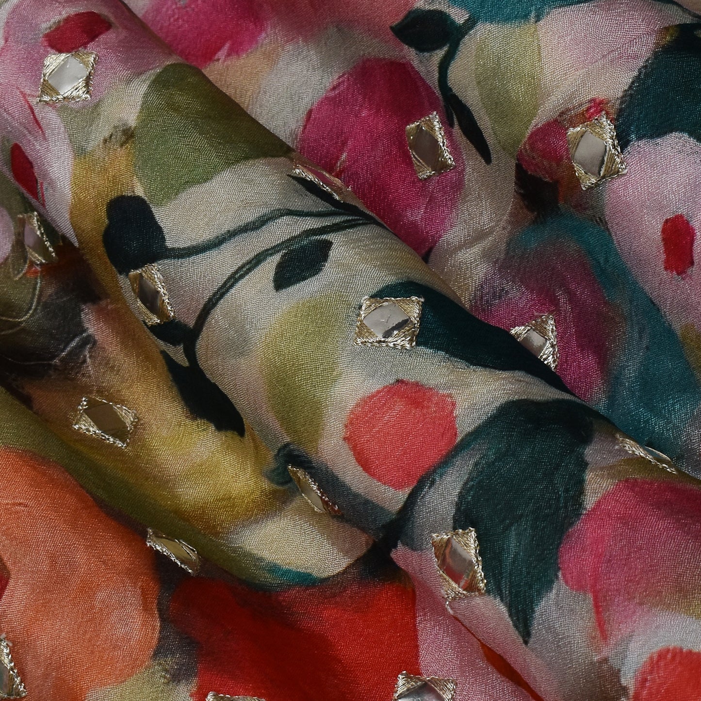 Chinon Chiffon Print Mirror Work Fabric