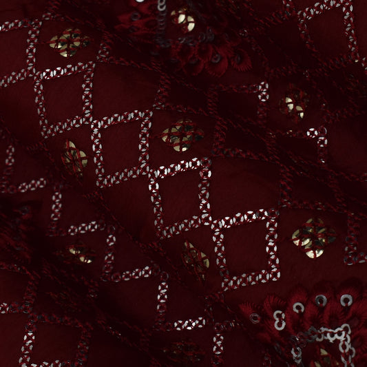 Maroon Color Chinon Embroidery Fabric