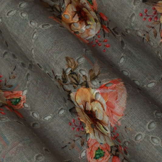 Multi Color Linen Print Cutwork Fabric